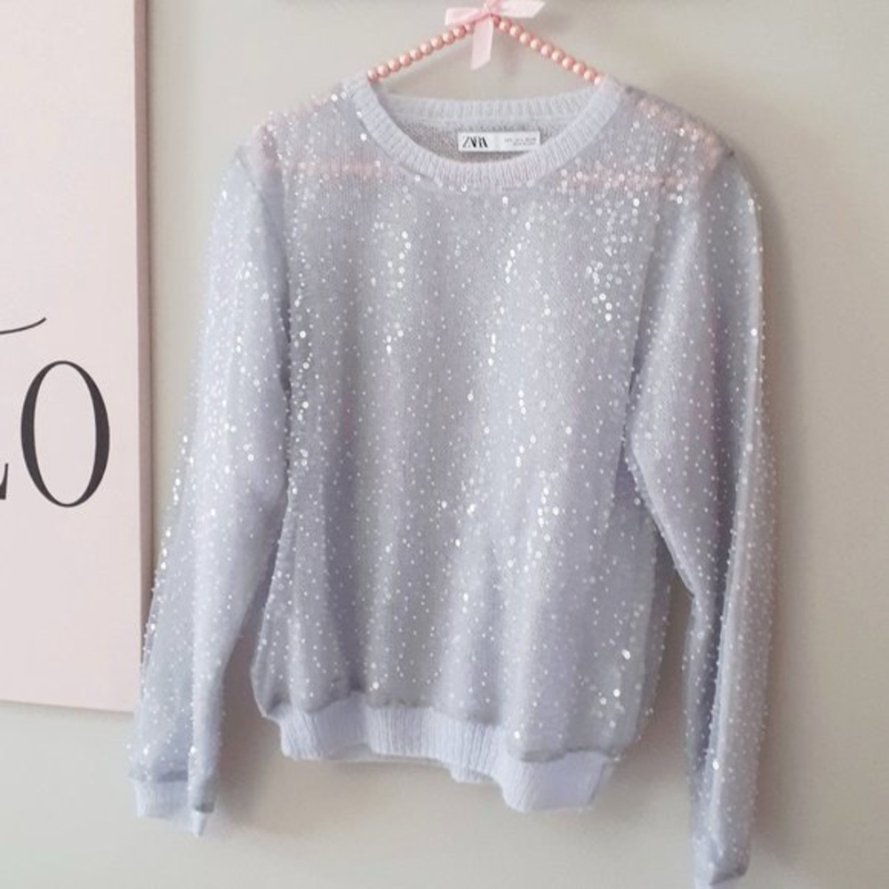 ZARA Light Blue Sequin Knit Sweater NWT Size S